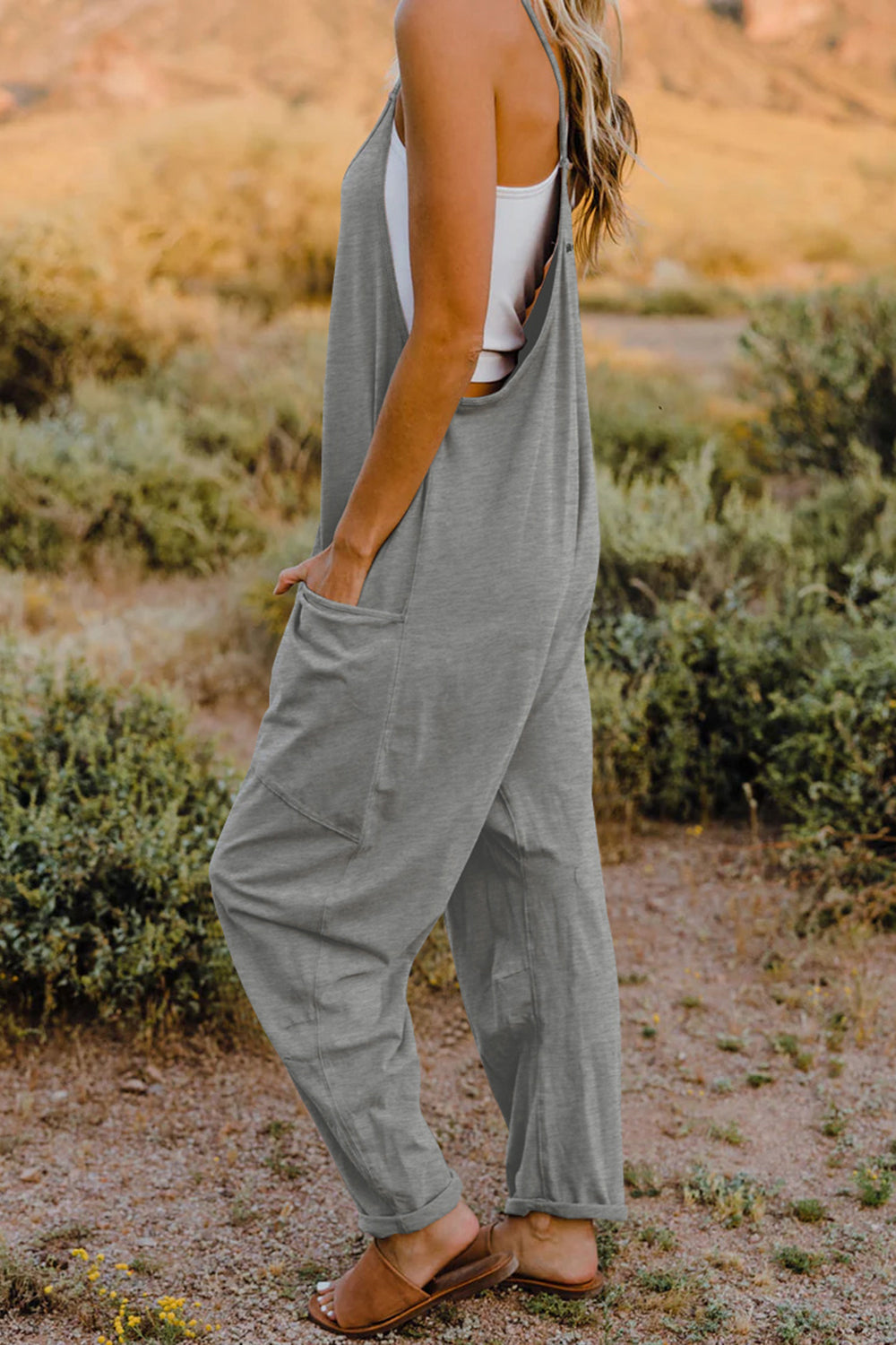 Bohemian V-Neck Sleeveless Jumpsuit with Pocket