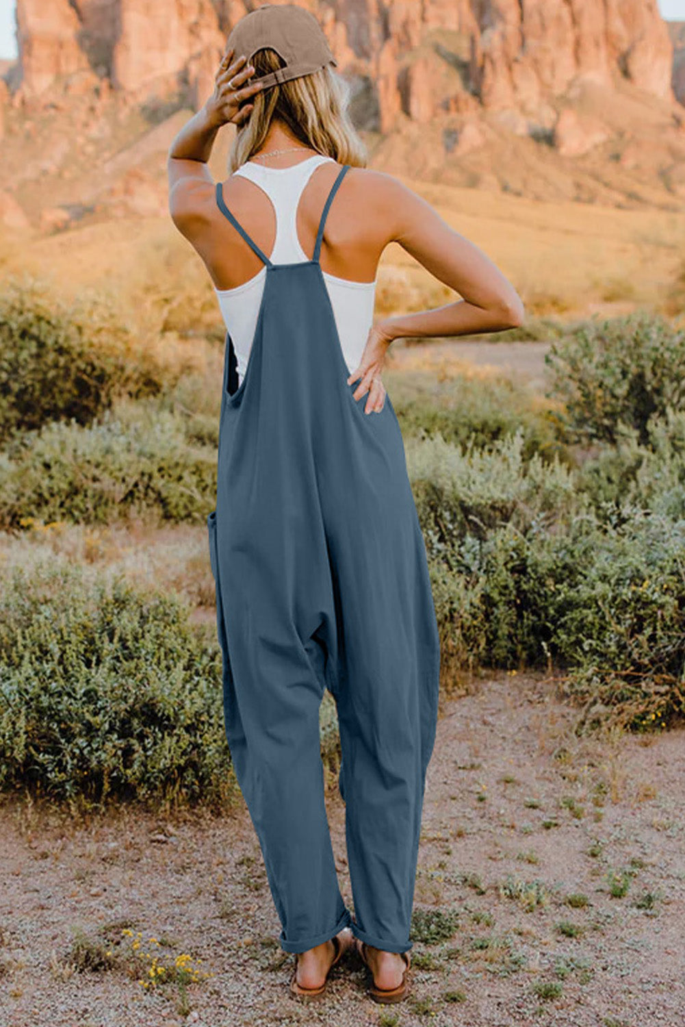 Bohemian V-Neck Sleeveless Jumpsuit with Pocket