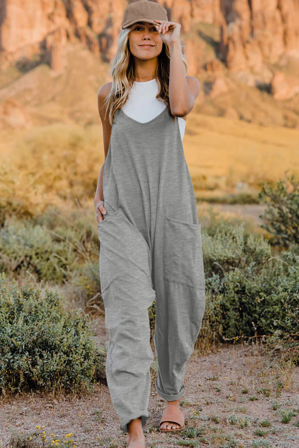 Bohemian V-Neck Sleeveless Jumpsuit with Pocket