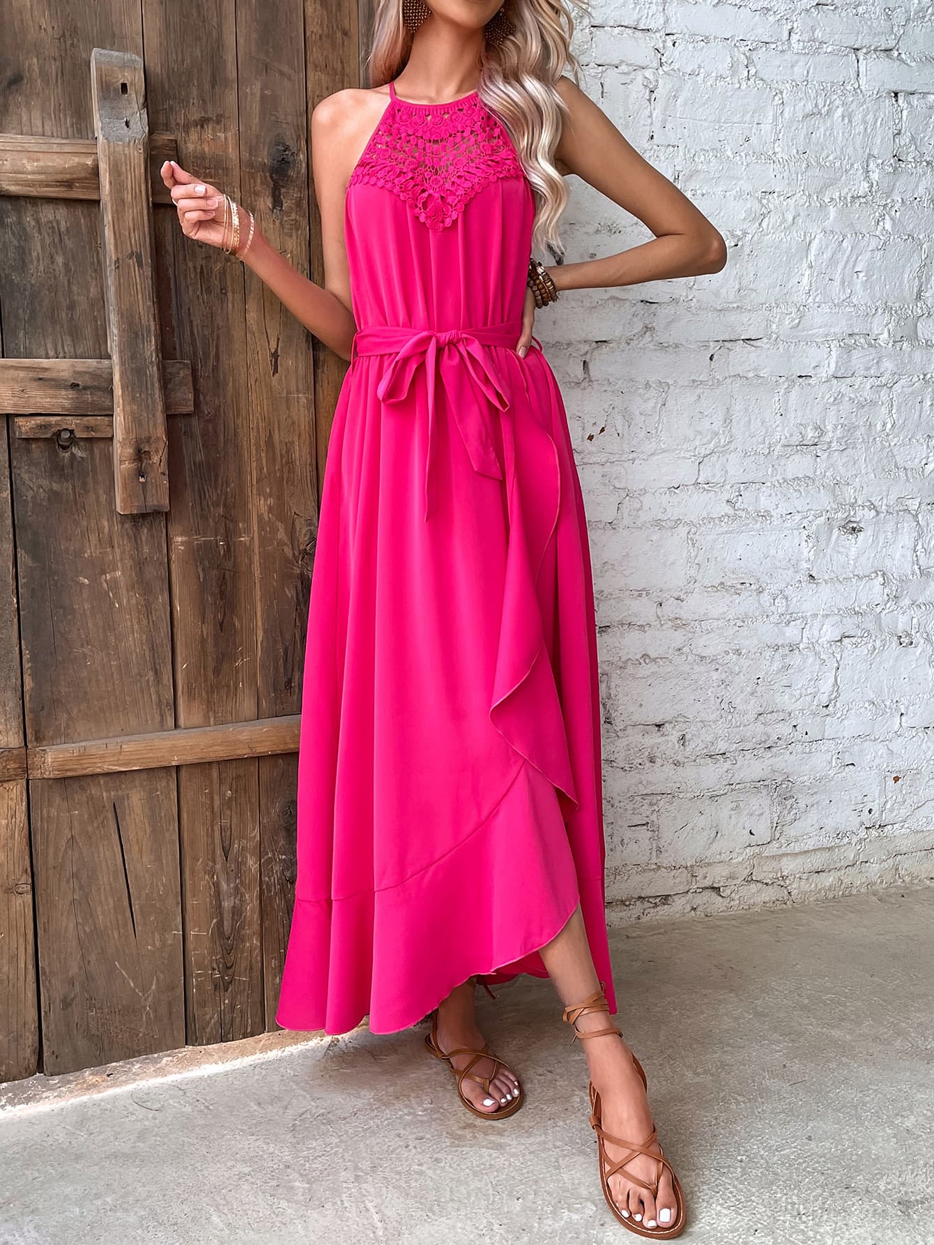 Grecian Neck Pink Tie Belt Dress