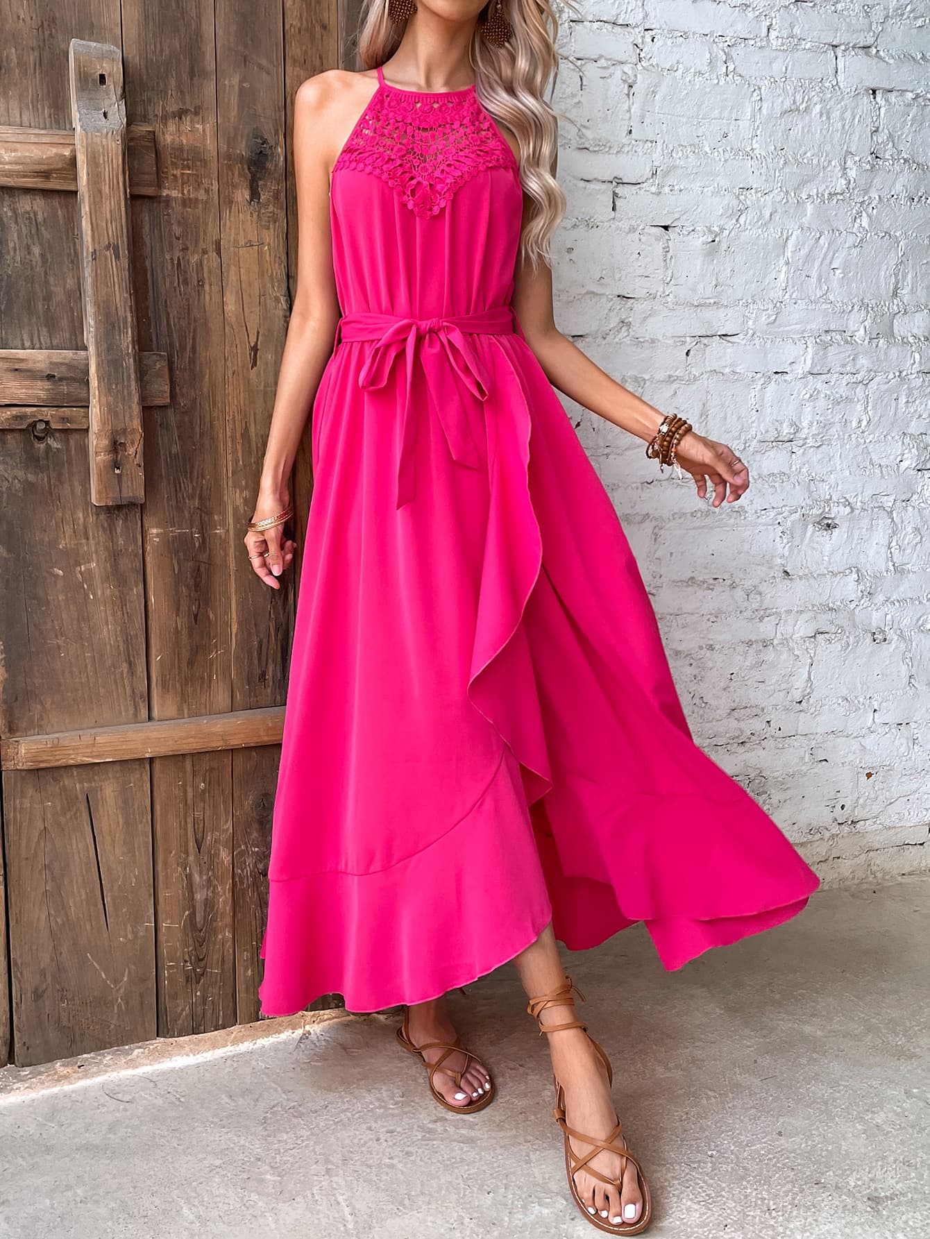 Grecian Neck Pink Tie Belt Dress