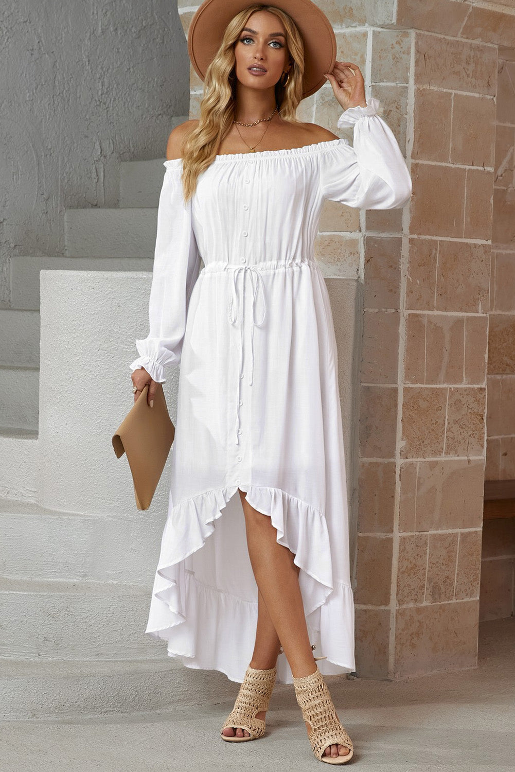 Boho White Flowy Off-Shoulder Dress