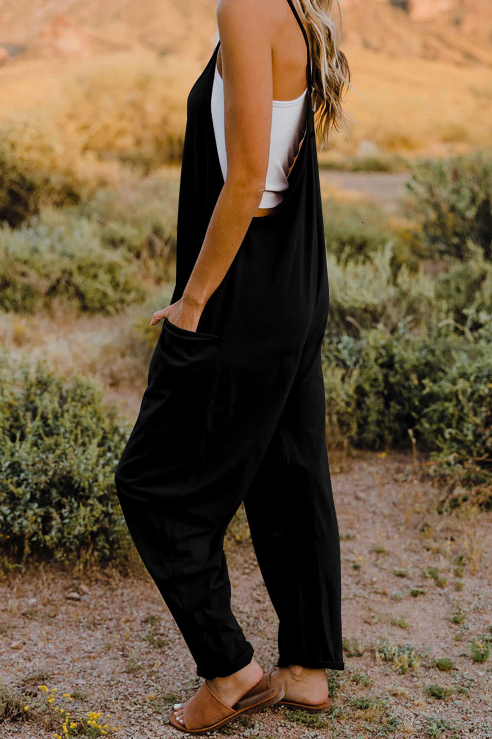 Bohemian V-Neck Sleeveless Jumpsuit with Pocket