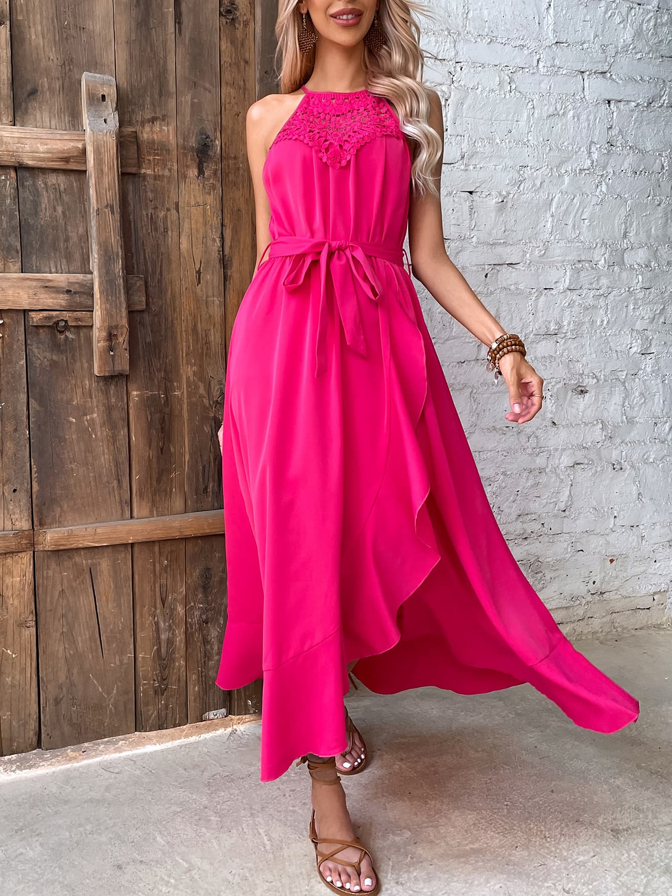 Grecian Neck Pink Tie Belt Dress
