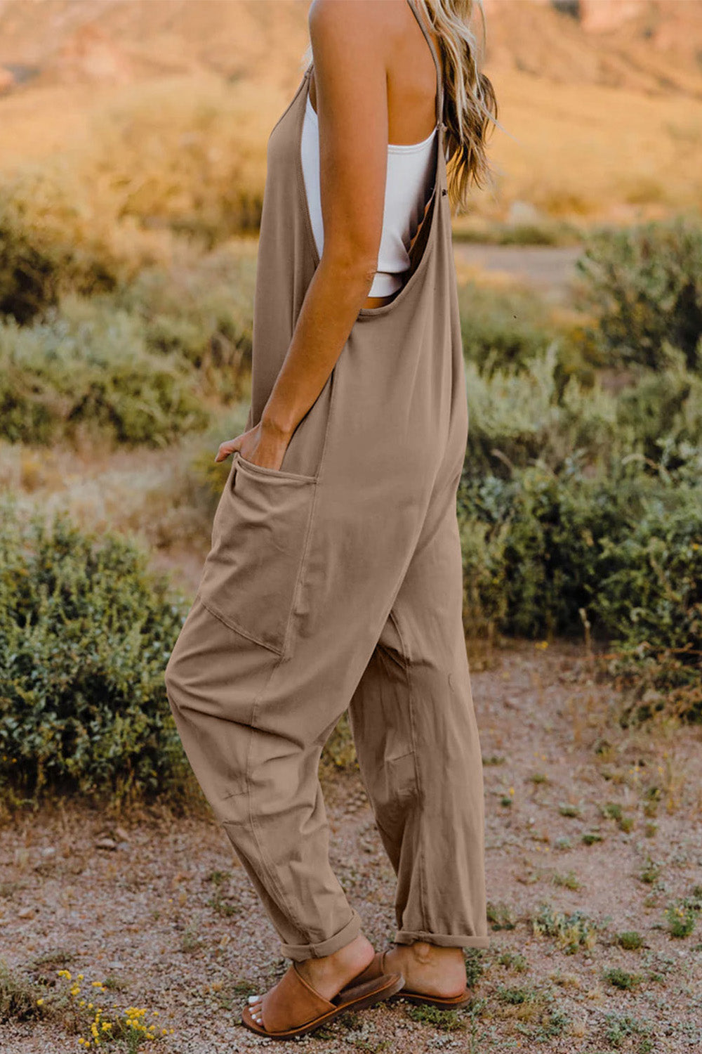 Bohemian V-Neck Sleeveless Jumpsuit with Pocket