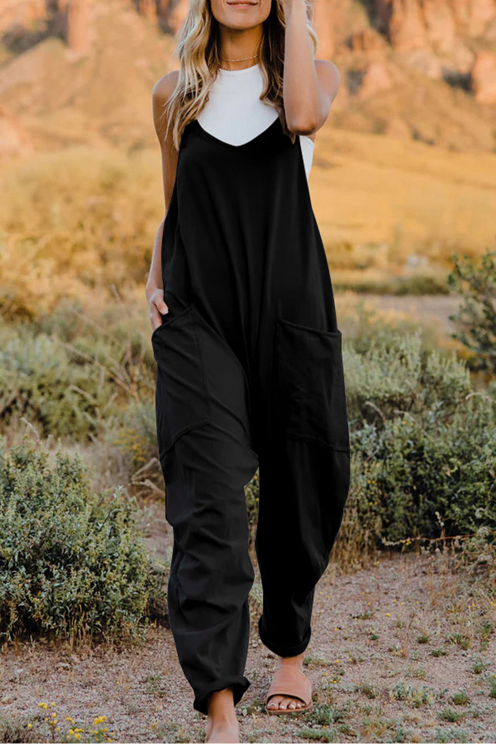 Bohemian V-Neck Sleeveless Jumpsuit with Pocket
