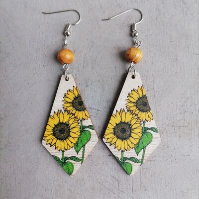 Blue, Sunflower Floral Wooden Teardrop Earrings