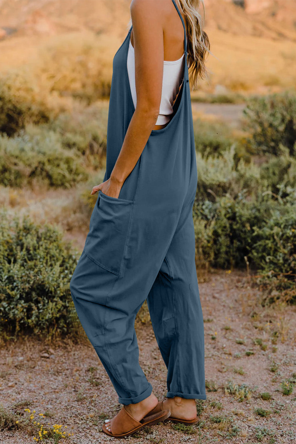 Bohemian V-Neck Sleeveless Jumpsuit with Pocket