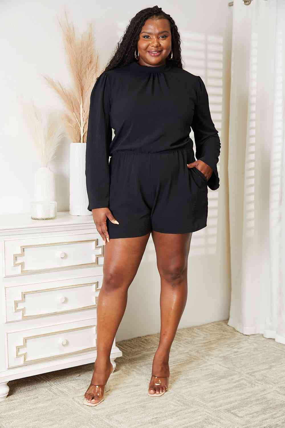 Black Open Back Romper with Pockets