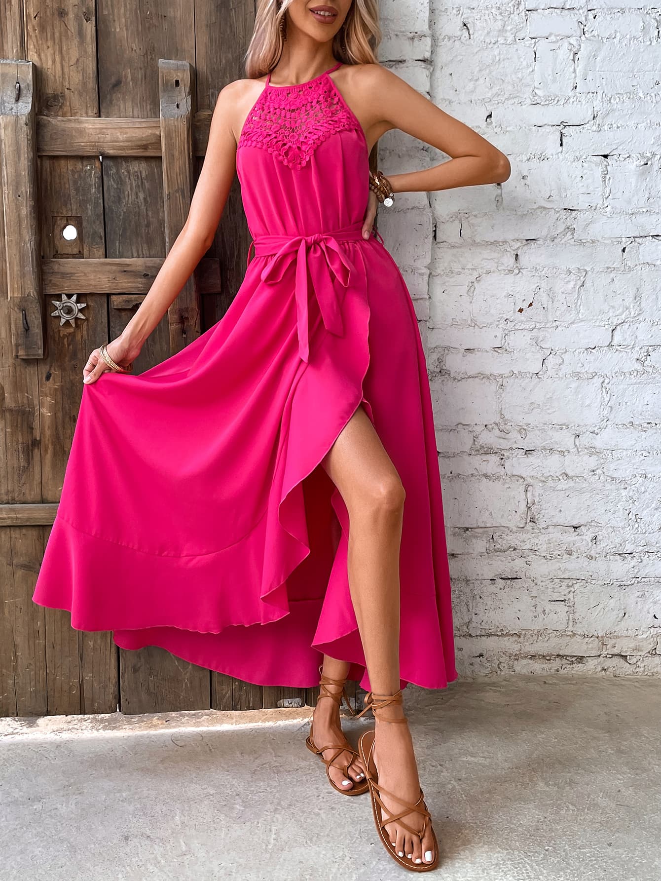 Grecian Neck Pink Tie Belt Dress
