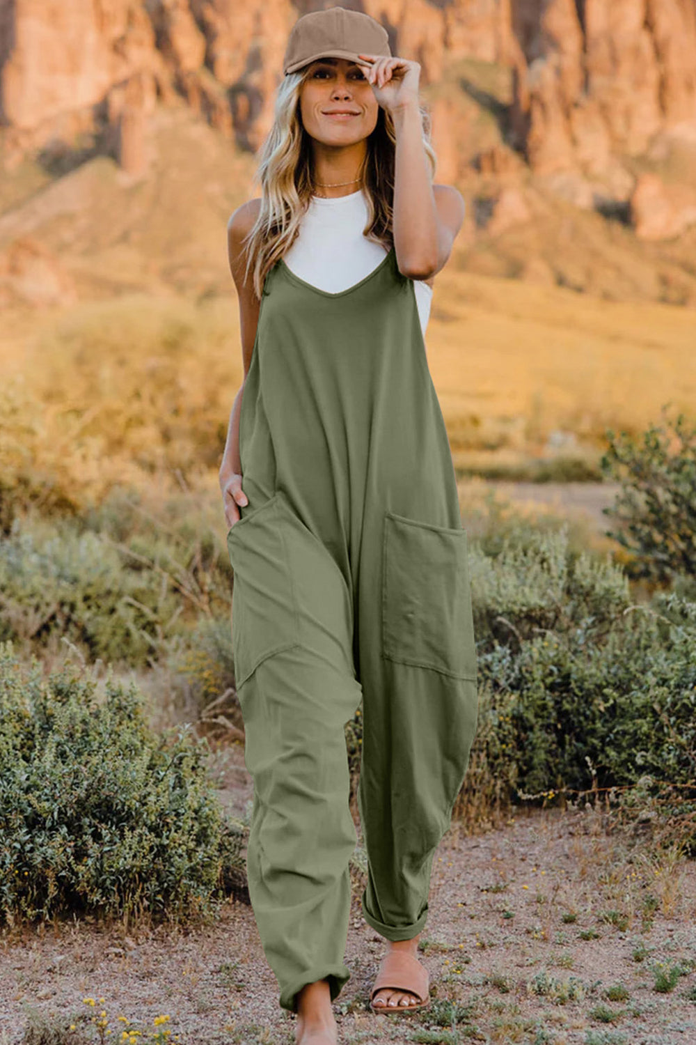 Bohemian V-Neck Sleeveless Jumpsuit with Pocket
