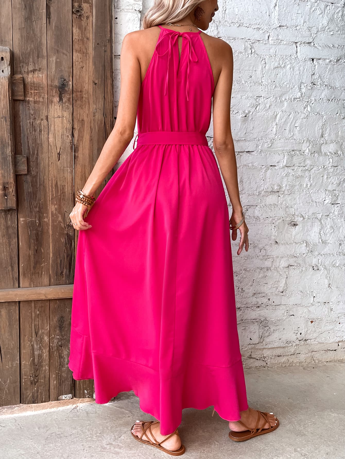 Grecian Neck Pink Tie Belt Dress