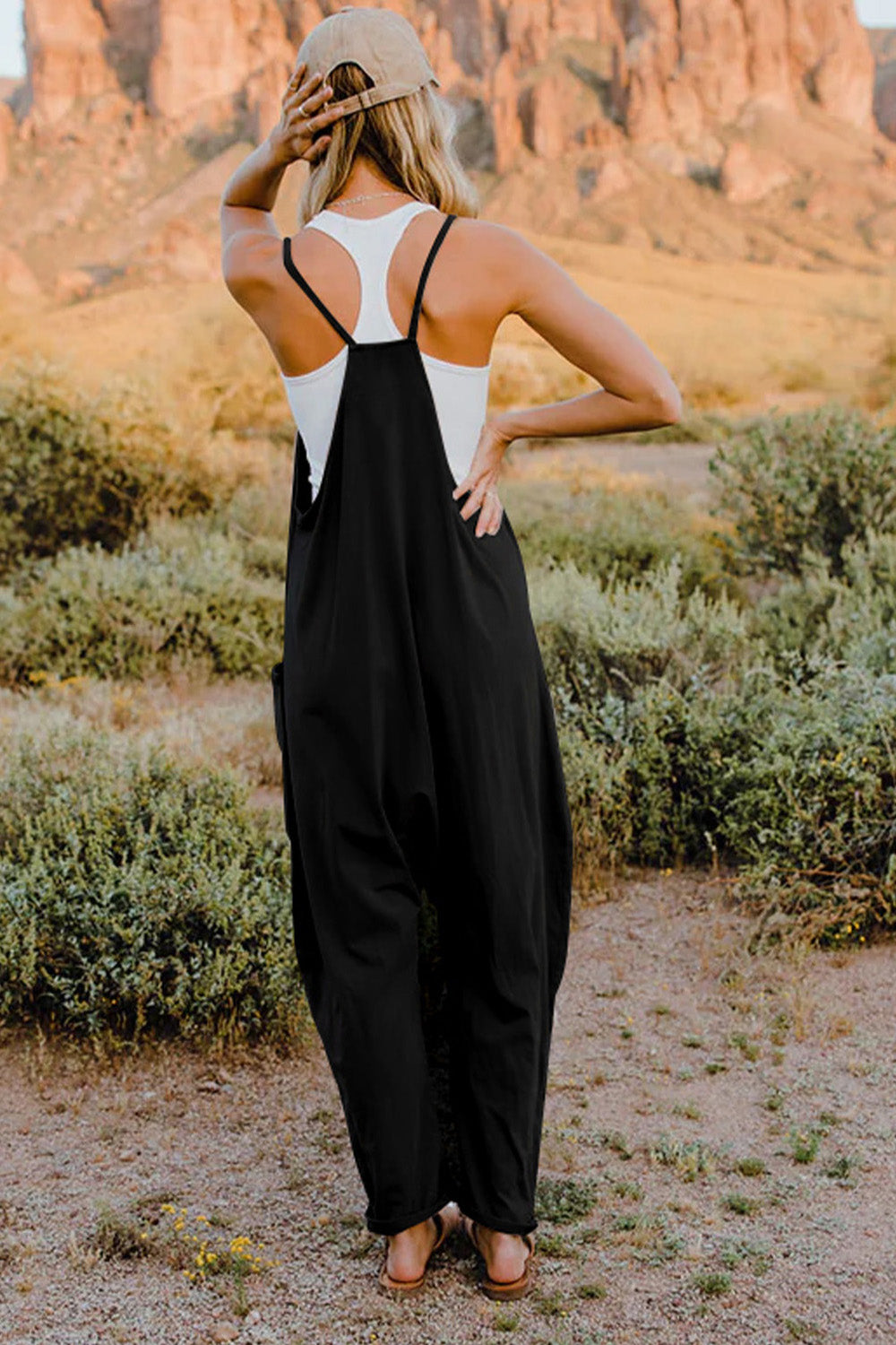 Bohemian V-Neck Sleeveless Jumpsuit with Pocket