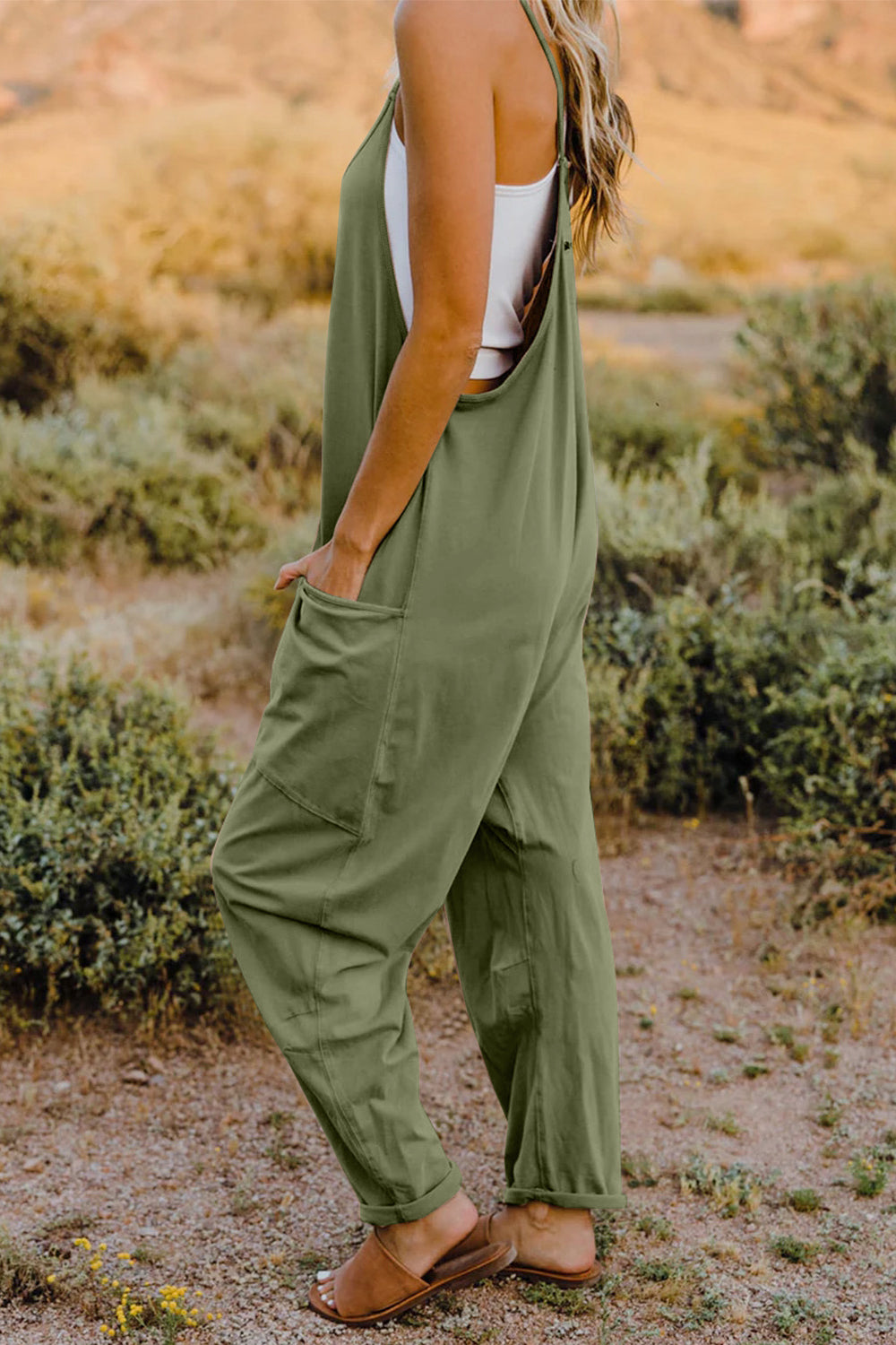 Bohemian V-Neck Sleeveless Jumpsuit with Pocket