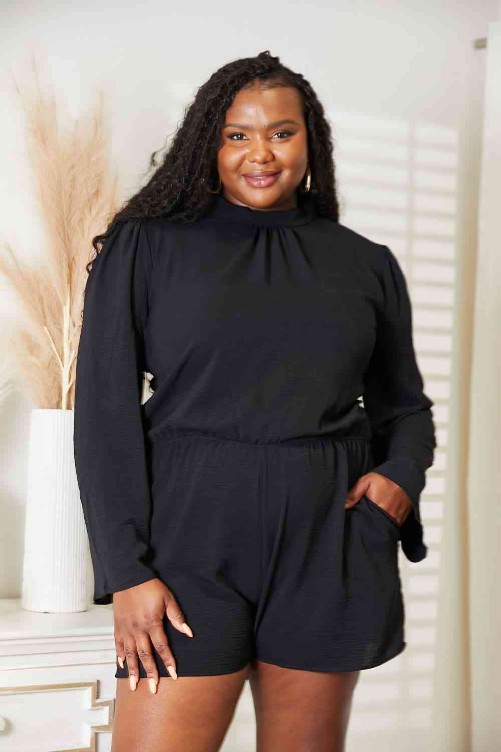 Black Open Back Romper with Pockets