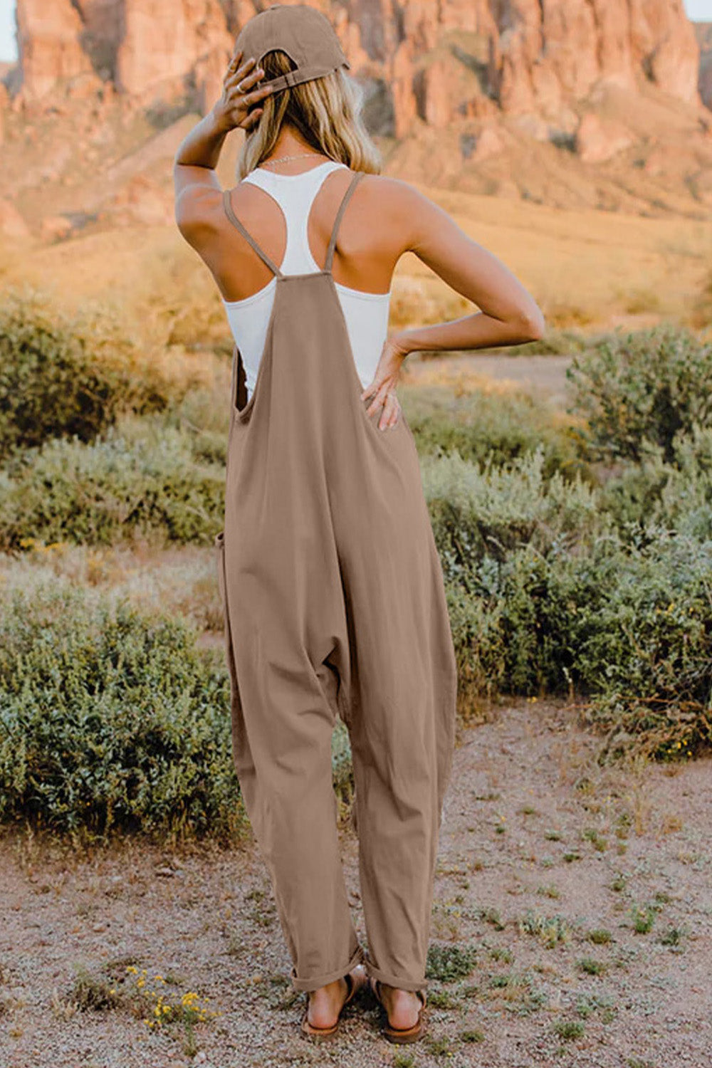 Bohemian V-Neck Sleeveless Jumpsuit with Pocket