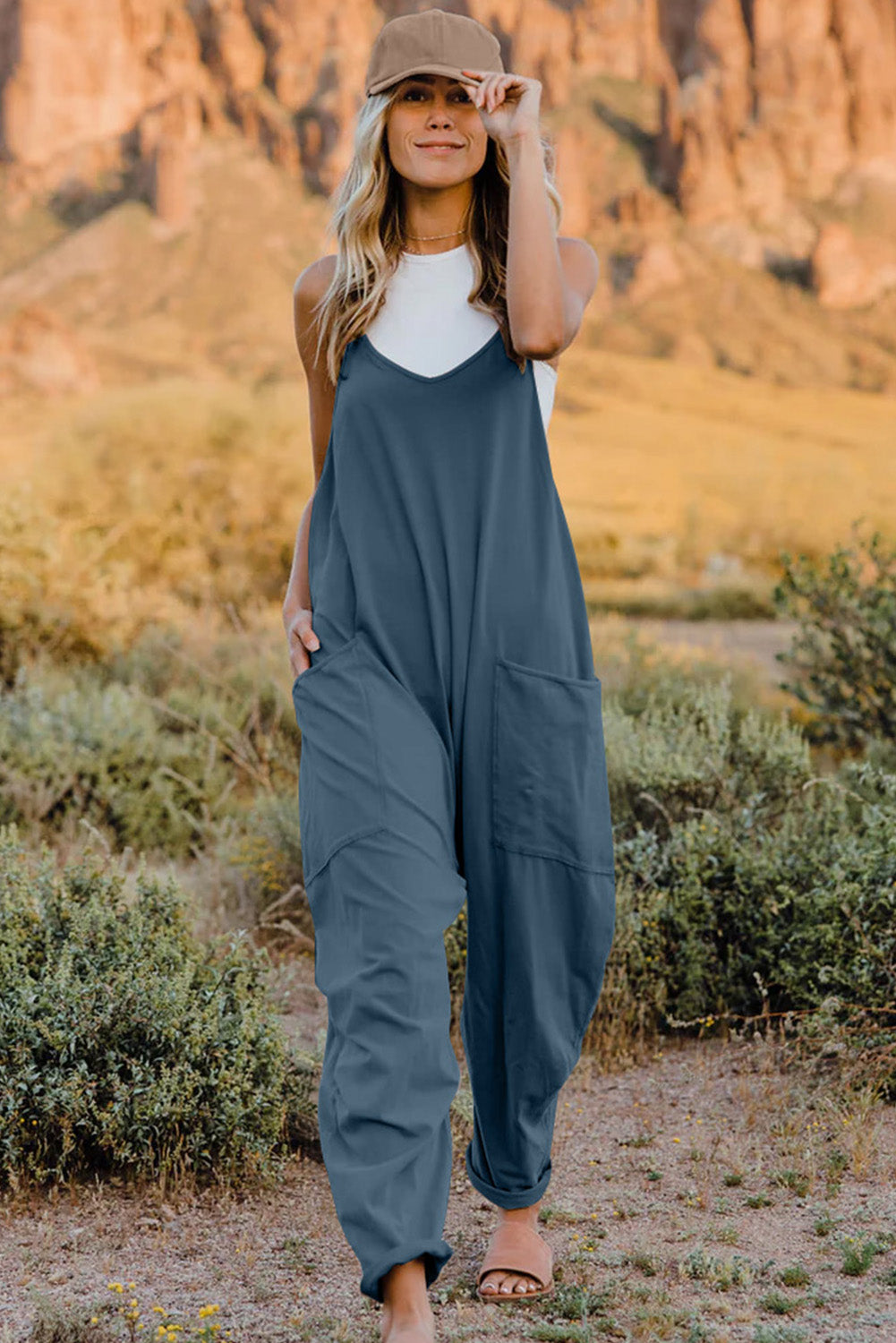 Bohemian V-Neck Sleeveless Jumpsuit with Pocket