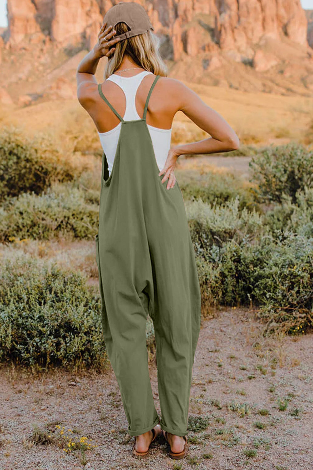 Bohemian V-Neck Sleeveless Jumpsuit with Pocket