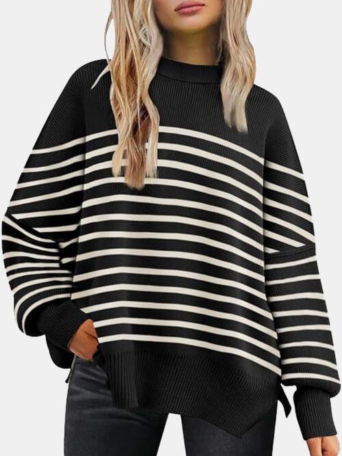 Round Neck Drop Shoulder Slit Casual Sweater