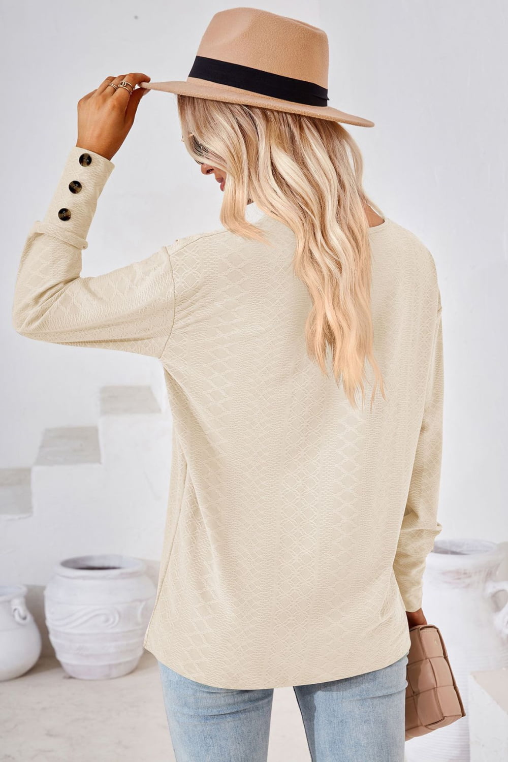 V-Neck Long Sleeve Button Detail Blouse