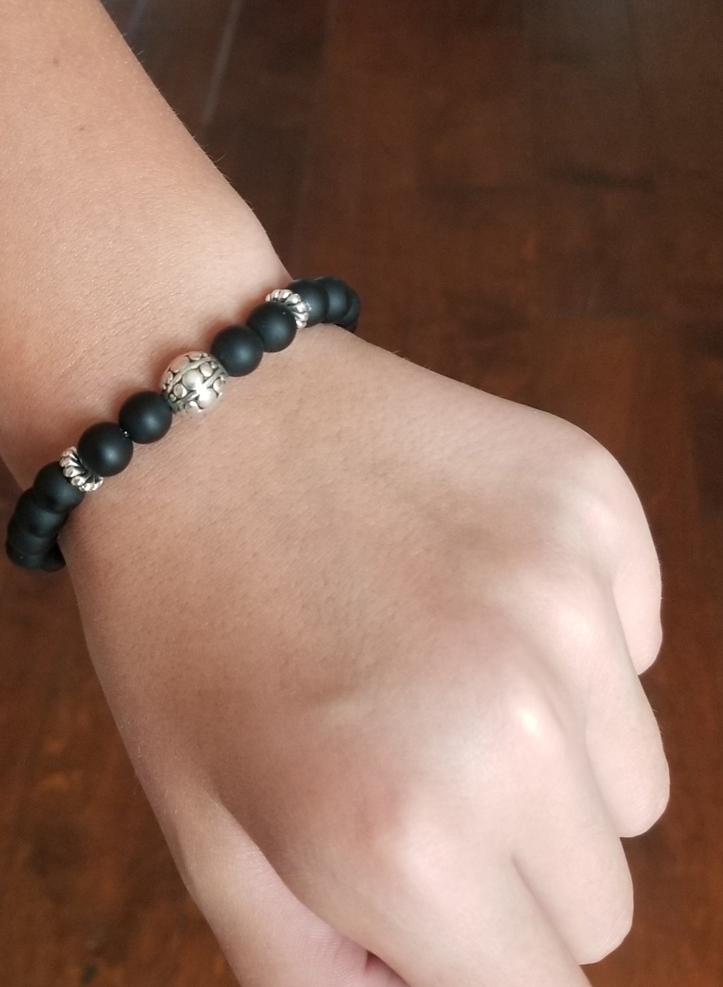 Black Lava Silver Stone Stacking Bracelet Unisex