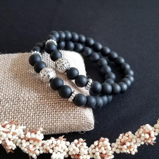 Black Lava Silver Stone Stacking Bracelet Unisex