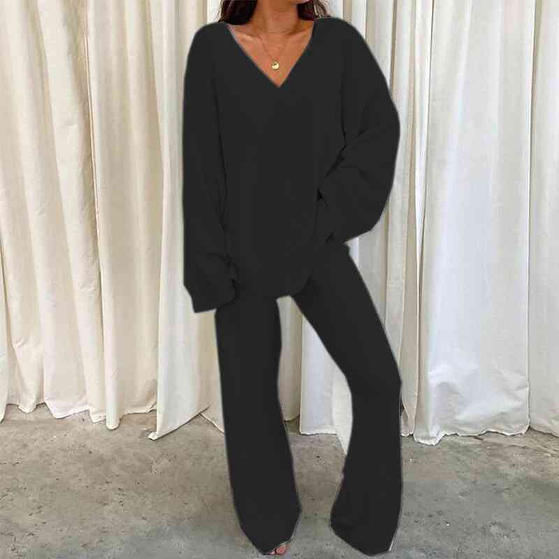 Cozy V-Neck Long Sleeve Top and Long Pants Set, Colorful Lounge Wear