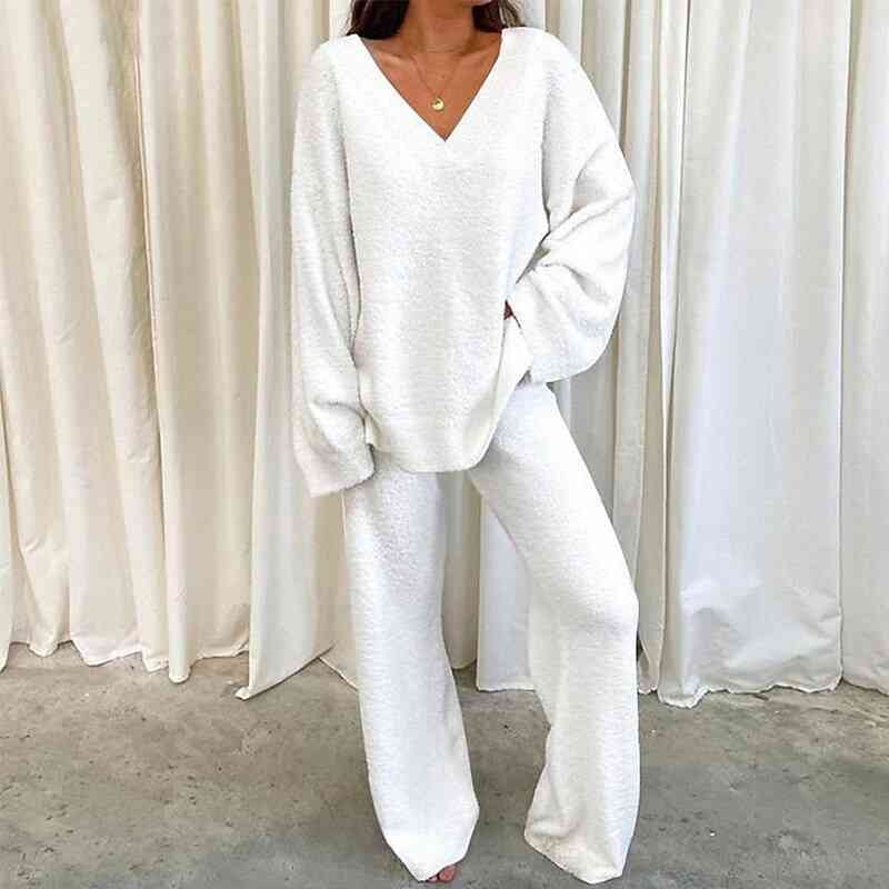 Cozy V-Neck Long Sleeve Top and Long Pants Set, Colorful Lounge Wear