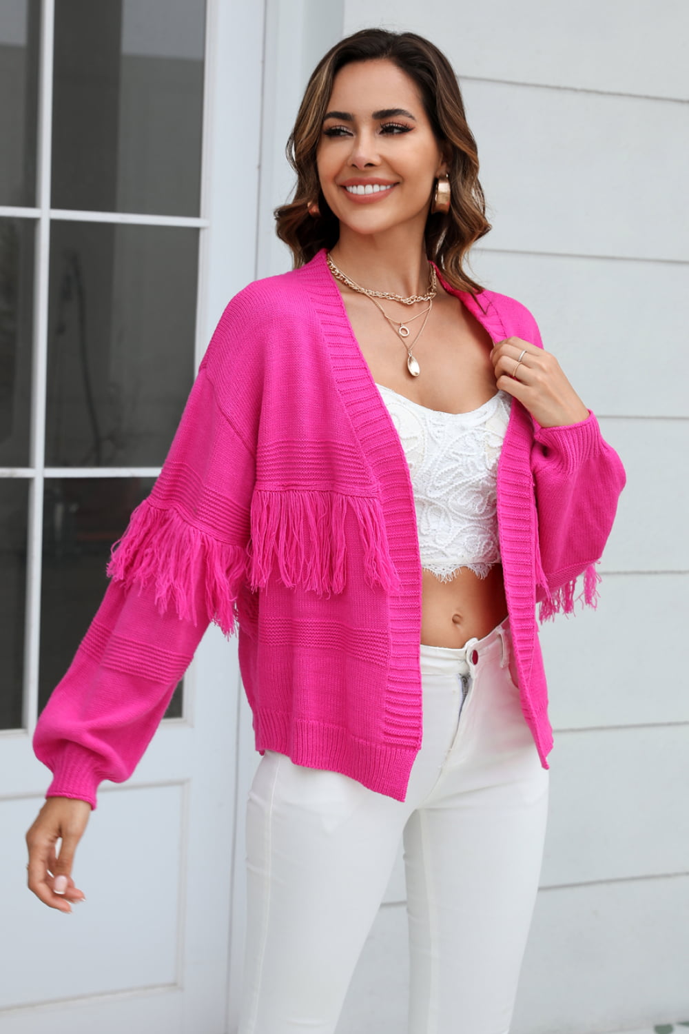 Double Fringe Trim Open Front Cardigan