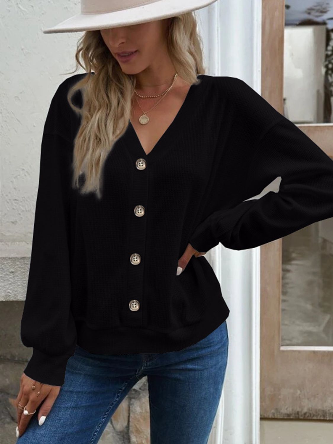 Casual V-Neck Dropped Shoulder Blouse