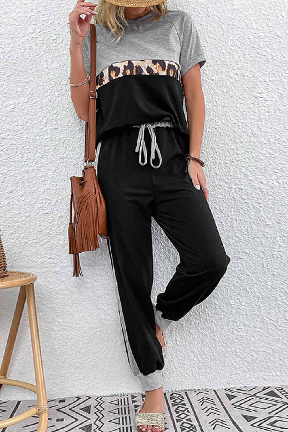 Short Sleeve Black and Grey Top and Drawstring Pants Set Loungewear Everyday Wear