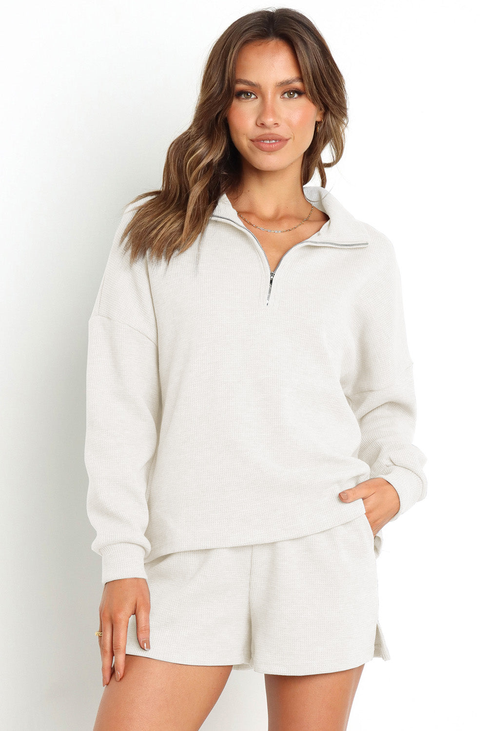 Women's Cozy Zip-Up Fleece Top and Slit Shorts Set