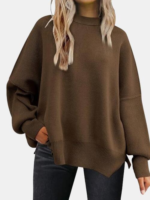 Round Neck Drop Shoulder Slit Casual Sweater