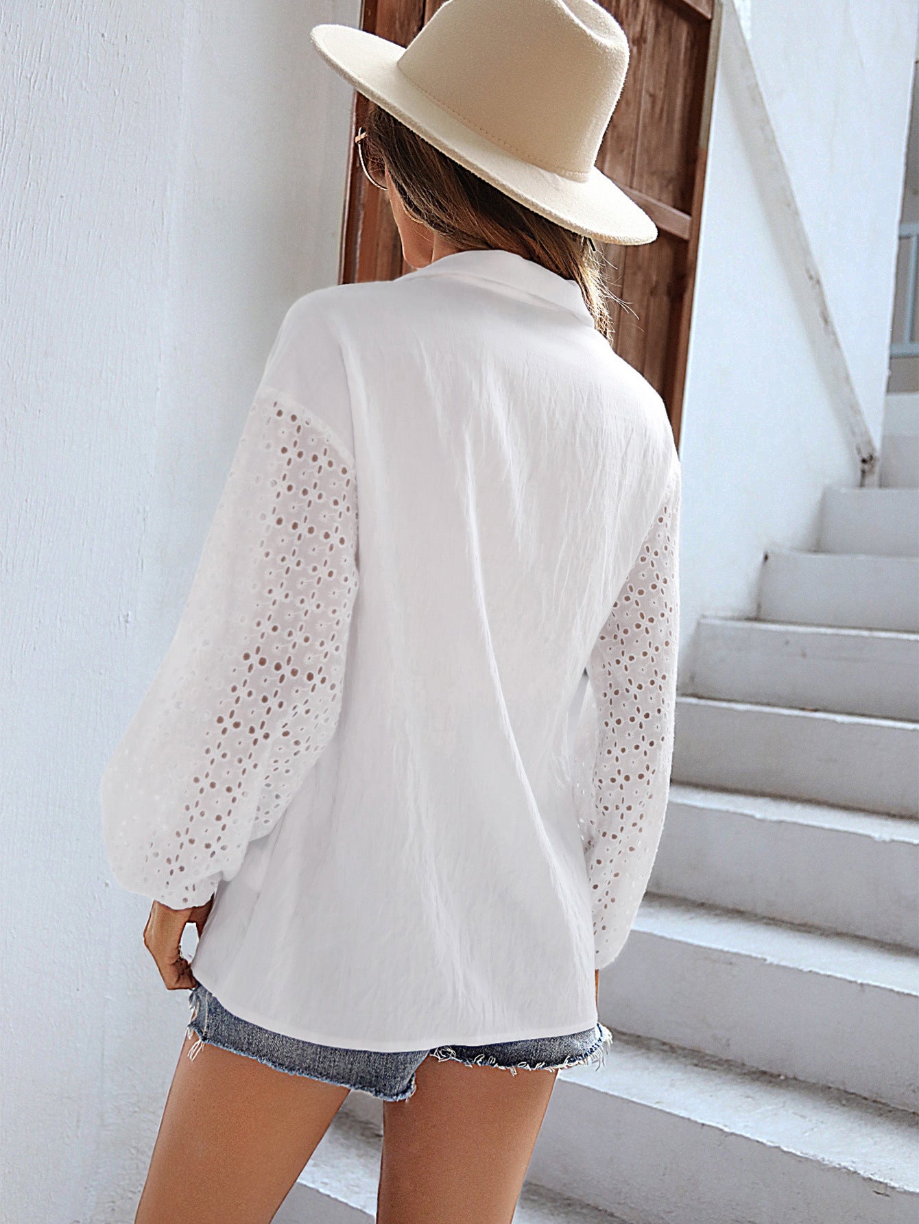 Eyelet Long Sleeve White Chic Shirt