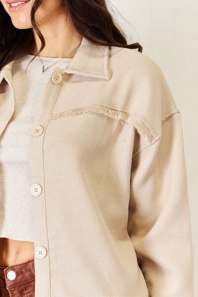 Texture Button Down Fray Detail Tan Shacket, Long Sleeve