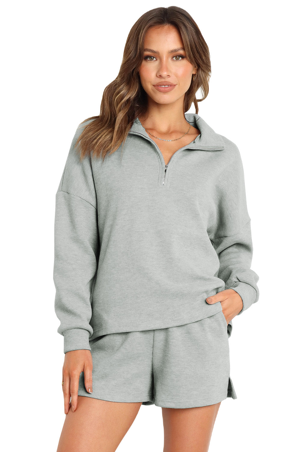 Women's Cozy Zip-Up Fleece Top and Slit Shorts Set