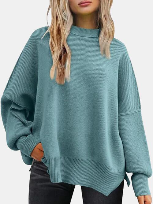 Round Neck Drop Shoulder Slit Casual Sweater