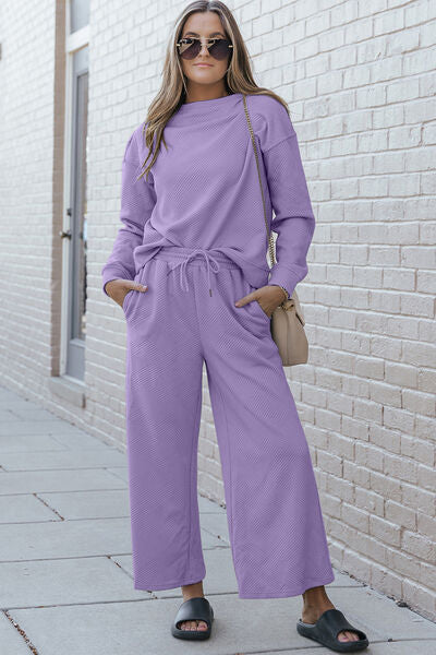 Textured Long Sleeve Top and Drawstring Pants 2 Piece Set