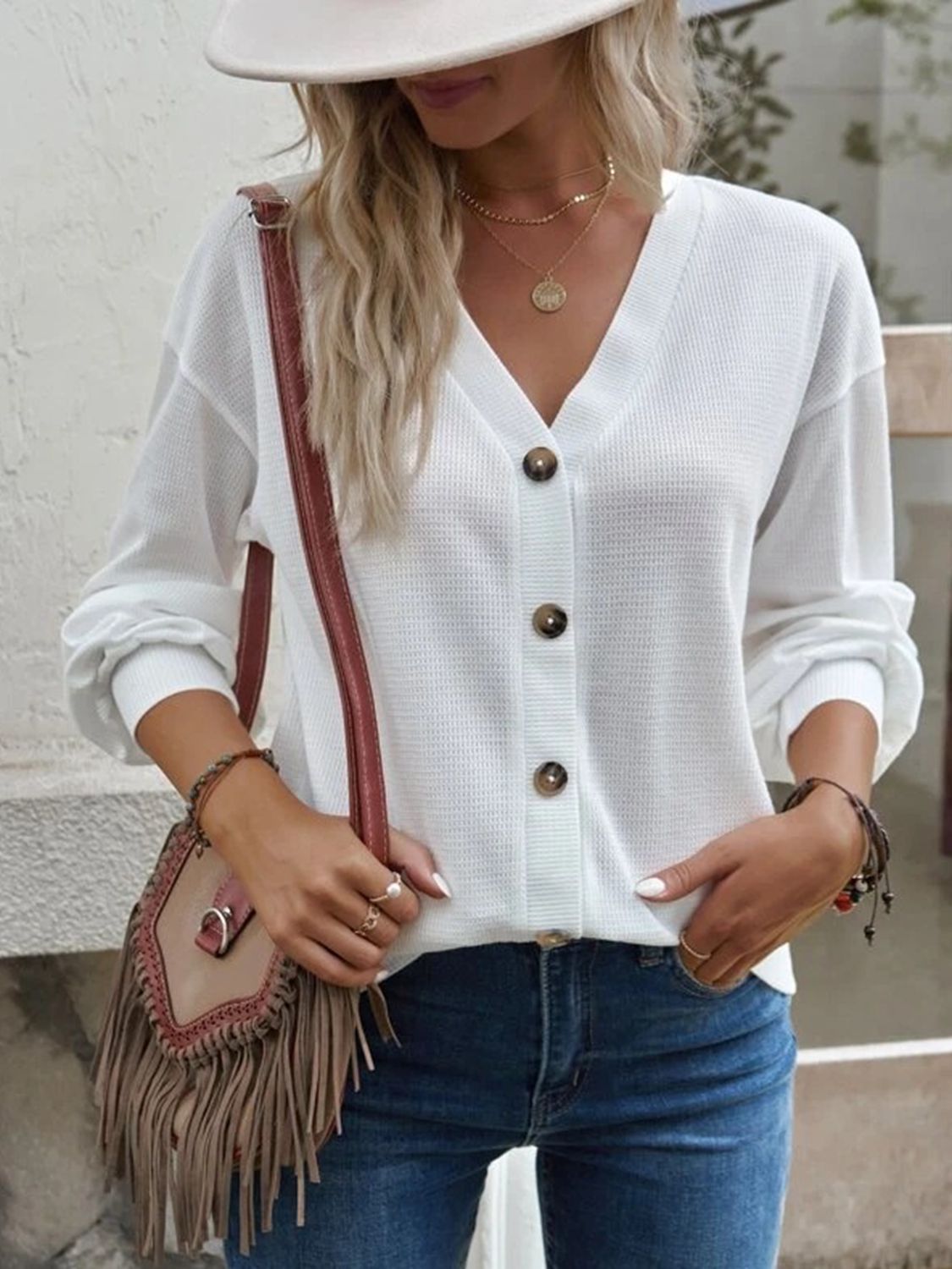 Casual V-Neck Dropped Shoulder Blouse