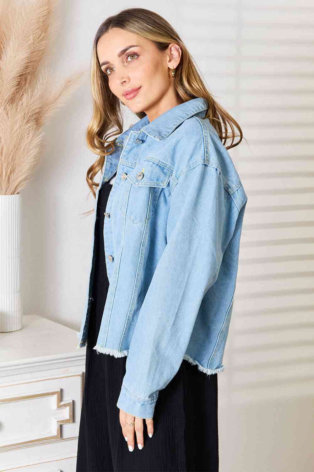 Dropped Shoulder Raw Hem Denim Jacket for Her, Everyday Wear