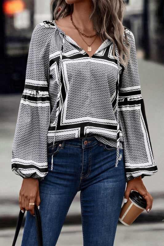 Printed Tie Neck Long Sleeve Blouse