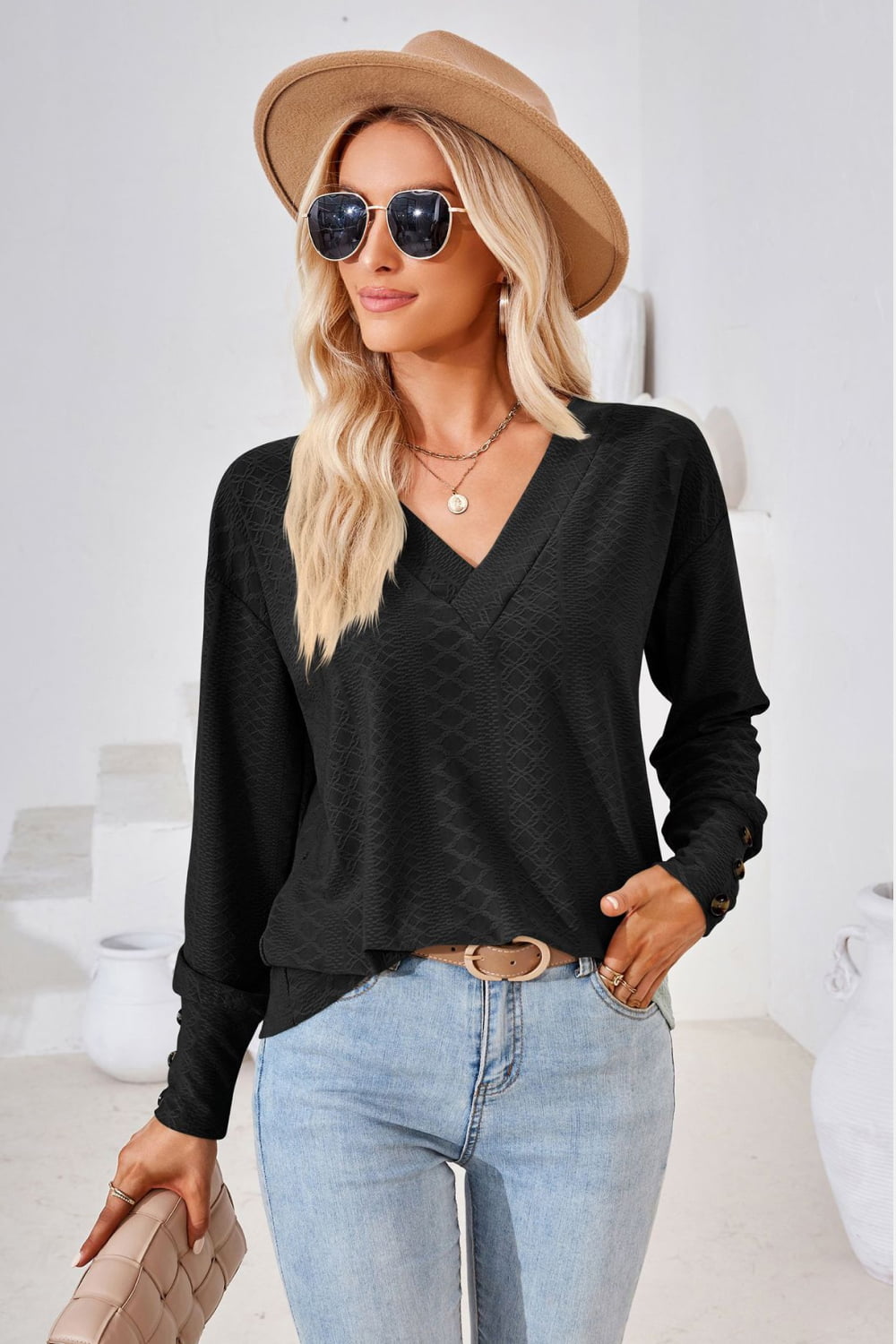 V-Neck Long Sleeve Button Detail Blouse