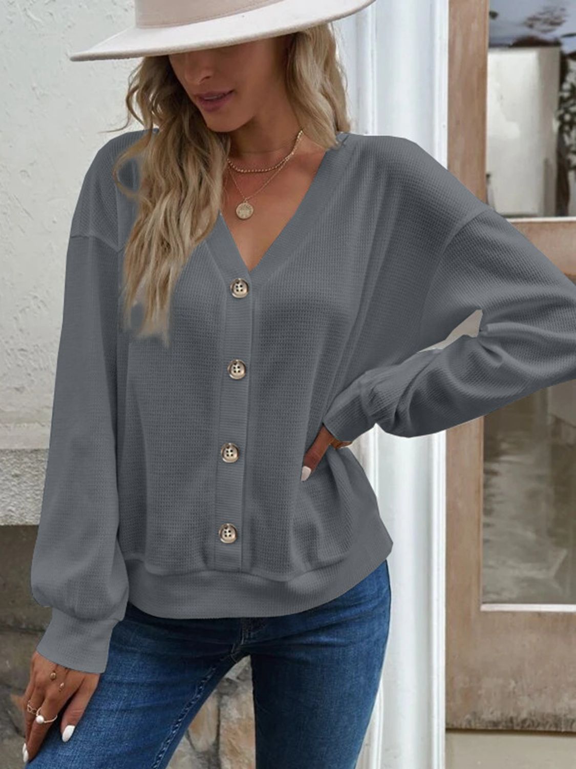 Casual V-Neck Dropped Shoulder Blouse