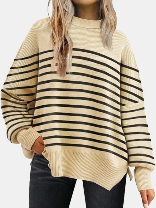 Round Neck Drop Shoulder Slit Casual Sweater