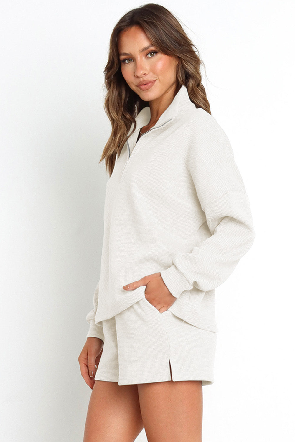 Women's Cozy Zip-Up Fleece Top and Slit Shorts Set