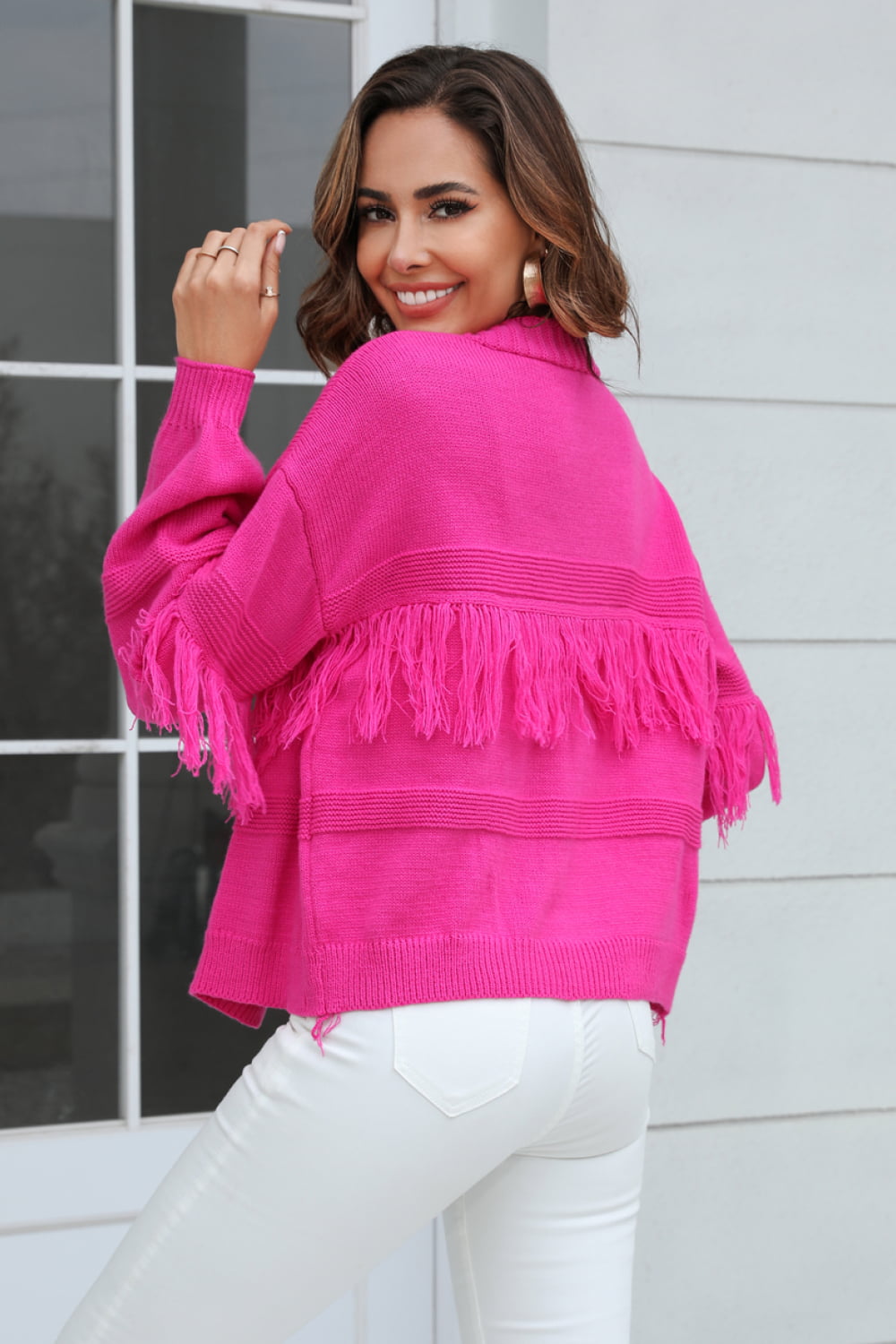 Double Fringe Trim Open Front Cardigan