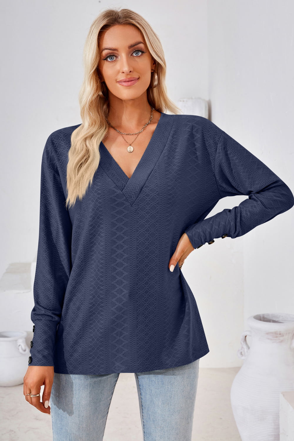 V-Neck Long Sleeve Button Detail Blouse