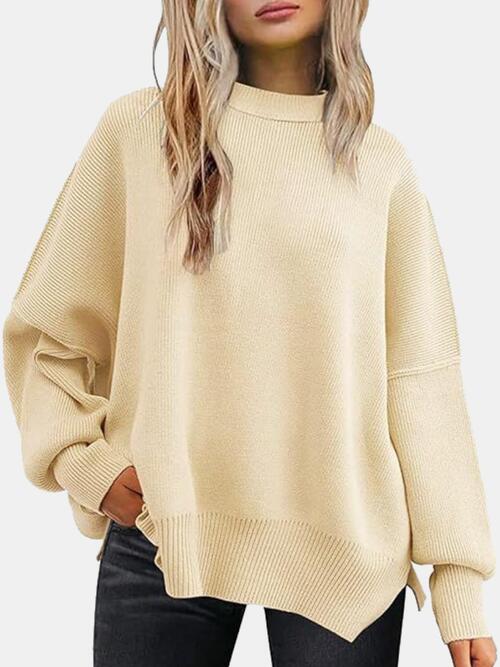 Round Neck Drop Shoulder Slit Casual Sweater