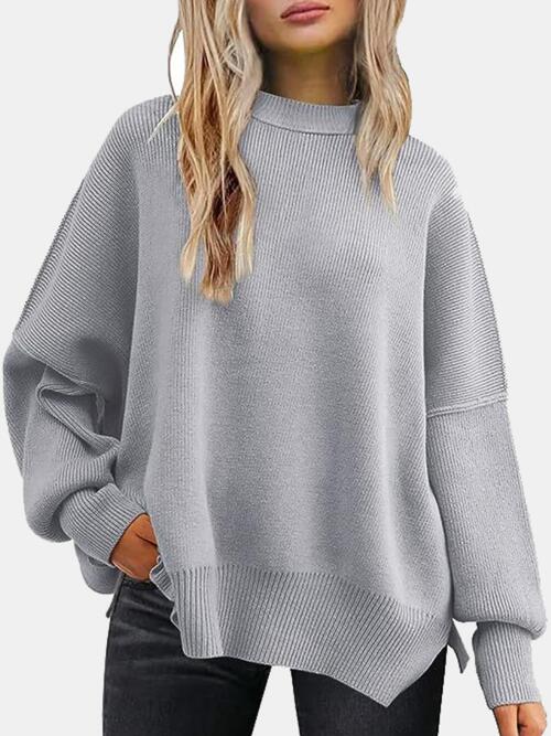 Round Neck Drop Shoulder Slit Casual Sweater