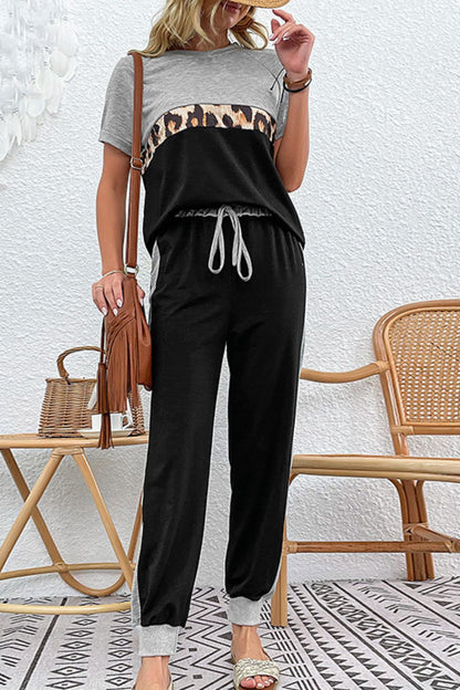 Short Sleeve Black and Grey Top and Drawstring Pants Set Loungewear Everyday Wear